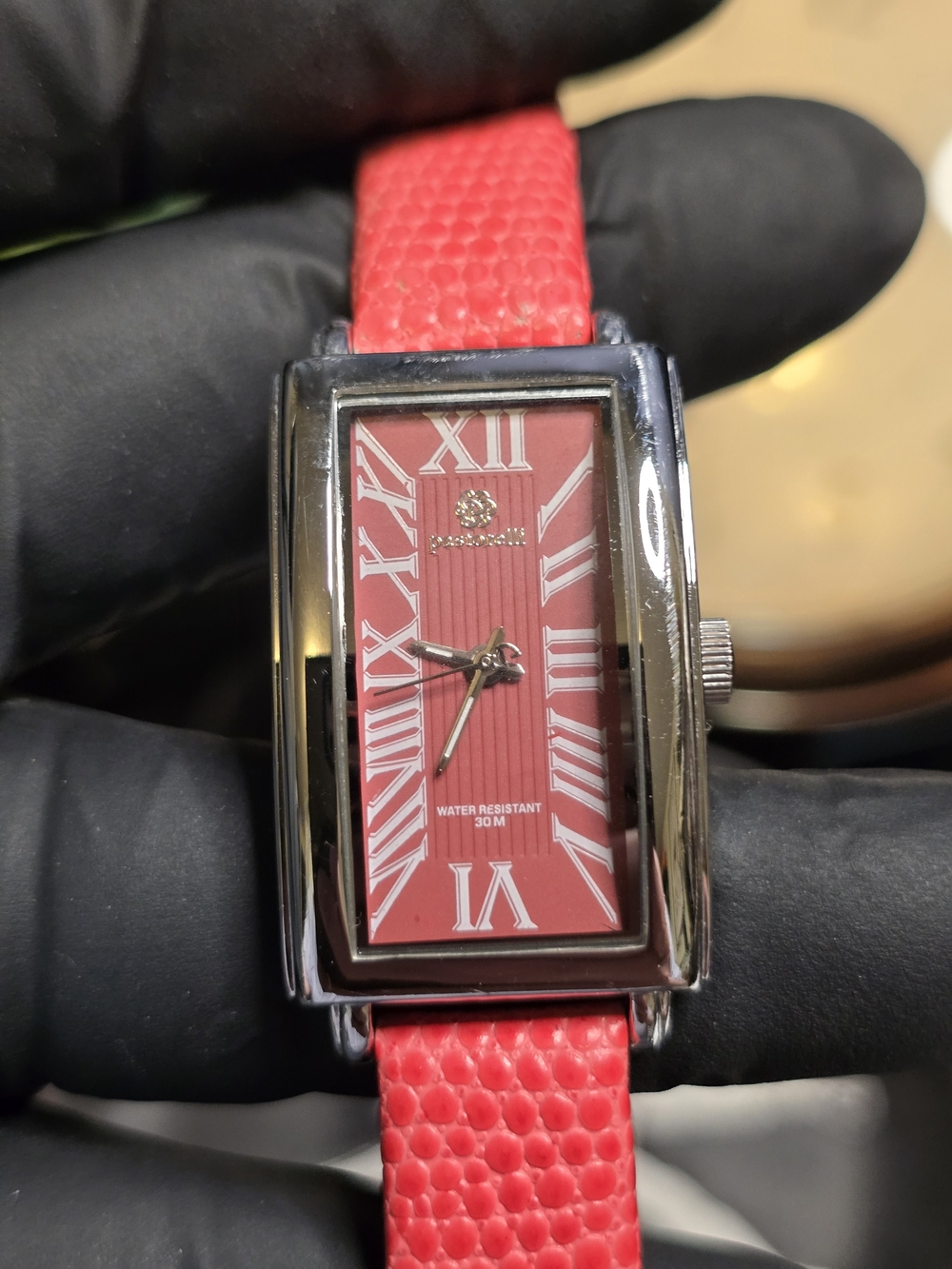 Pastorelli Red Rectangular Dial Watch with Red Textured Strap